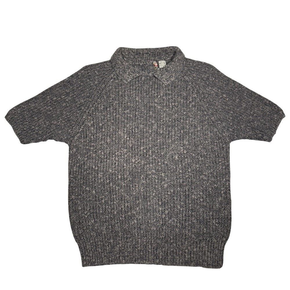 Vintage Grey Marled Knit Short Sleeve Polo Sweater Ramie Cotton Large